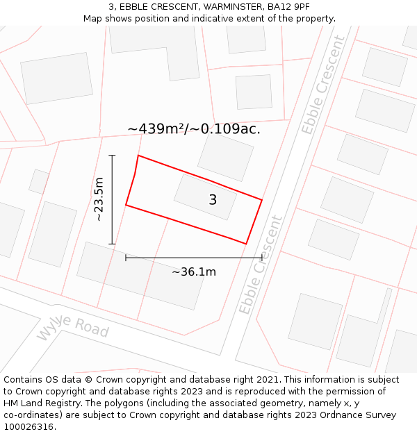 3, EBBLE CRESCENT, WARMINSTER, BA12 9PF: Plot and title map