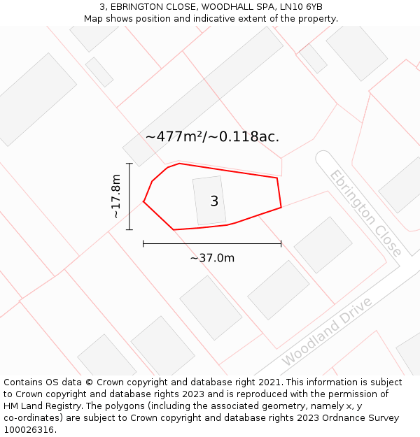 3, EBRINGTON CLOSE, WOODHALL SPA, LN10 6YB: Plot and title map