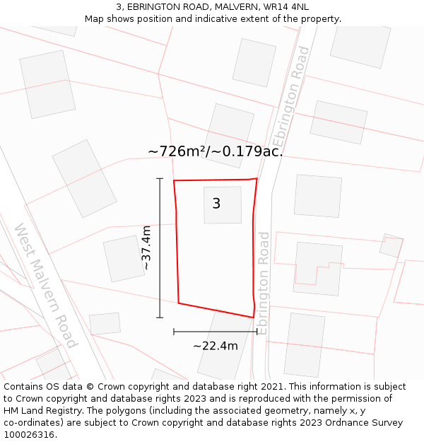 3, EBRINGTON ROAD, MALVERN, WR14 4NL: Plot and title map
