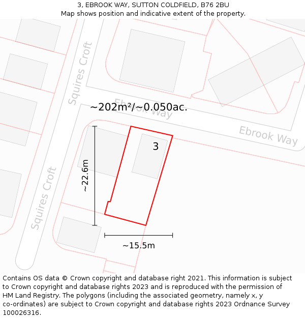 3, EBROOK WAY, SUTTON COLDFIELD, B76 2BU: Plot and title map