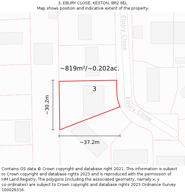 3, EBURY CLOSE, KESTON, BR2 6EL: Plot and title map