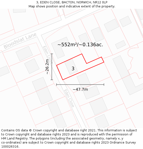 3, EDEN CLOSE, BACTON, NORWICH, NR12 0LP: Plot and title map