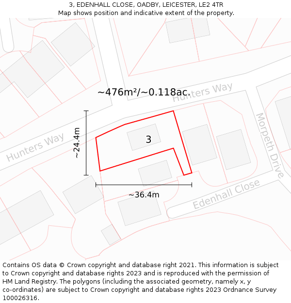 3, EDENHALL CLOSE, OADBY, LEICESTER, LE2 4TR: Plot and title map