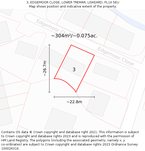 3, EDGEMOOR CLOSE, LOWER TREMAR, LISKEARD, PL14 5EU: Plot and title map