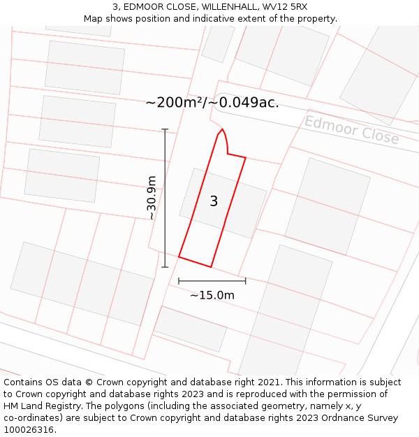 3, EDMOOR CLOSE, WILLENHALL, WV12 5RX: Plot and title map