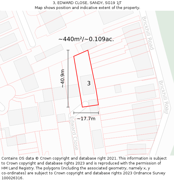 3, EDWARD CLOSE, SANDY, SG19 1JT: Plot and title map