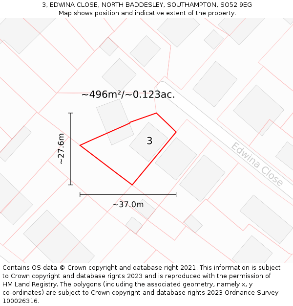 3, EDWINA CLOSE, NORTH BADDESLEY, SOUTHAMPTON, SO52 9EG: Plot and title map
