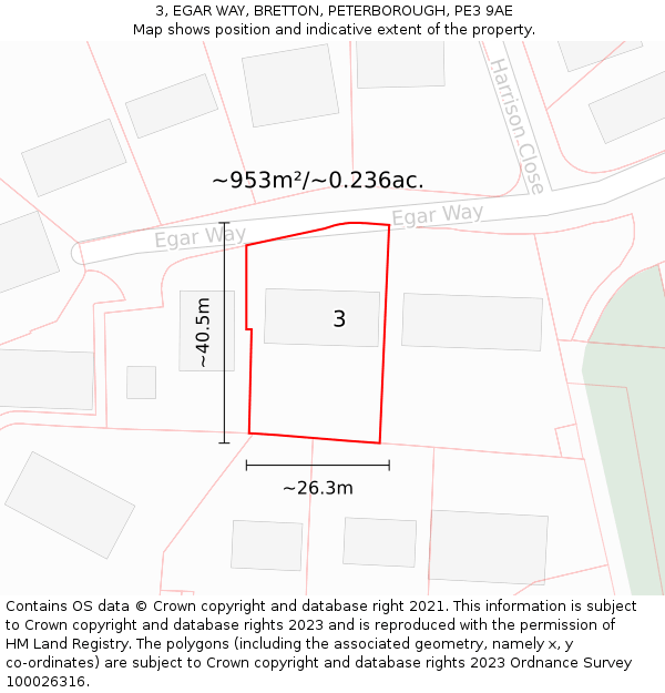 3, EGAR WAY, BRETTON, PETERBOROUGH, PE3 9AE: Plot and title map