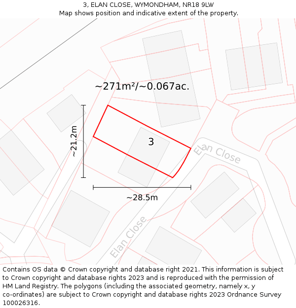 3, ELAN CLOSE, WYMONDHAM, NR18 9LW: Plot and title map