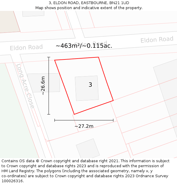 3, ELDON ROAD, EASTBOURNE, BN21 1UD: Plot and title map