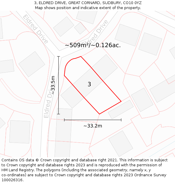 3, ELDRED DRIVE, GREAT CORNARD, SUDBURY, CO10 0YZ: Plot and title map