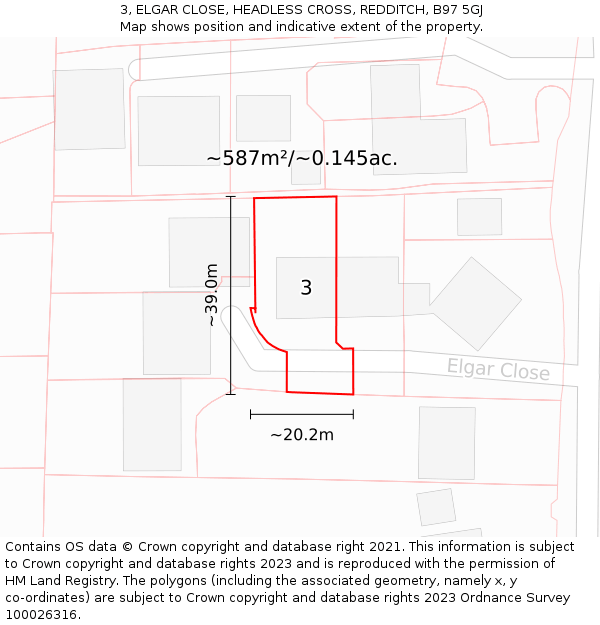 3, ELGAR CLOSE, HEADLESS CROSS, REDDITCH, B97 5GJ: Plot and title map