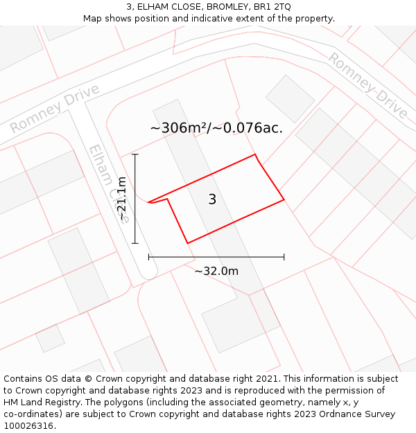 3, ELHAM CLOSE, BROMLEY, BR1 2TQ: Plot and title map