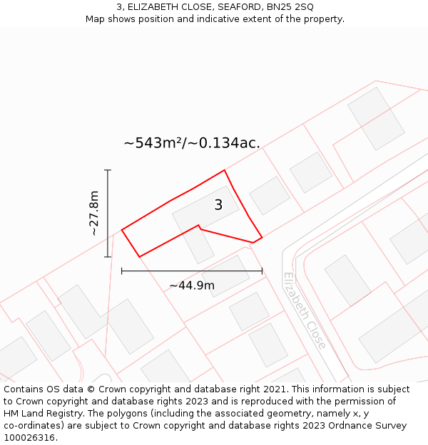 3, ELIZABETH CLOSE, SEAFORD, BN25 2SQ: Plot and title map