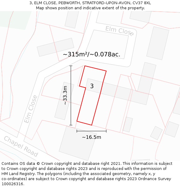 3, ELM CLOSE, PEBWORTH, STRATFORD-UPON-AVON, CV37 8XL: Plot and title map