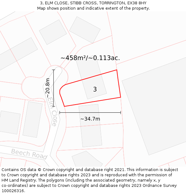 3, ELM CLOSE, STIBB CROSS, TORRINGTON, EX38 8HY: Plot and title map