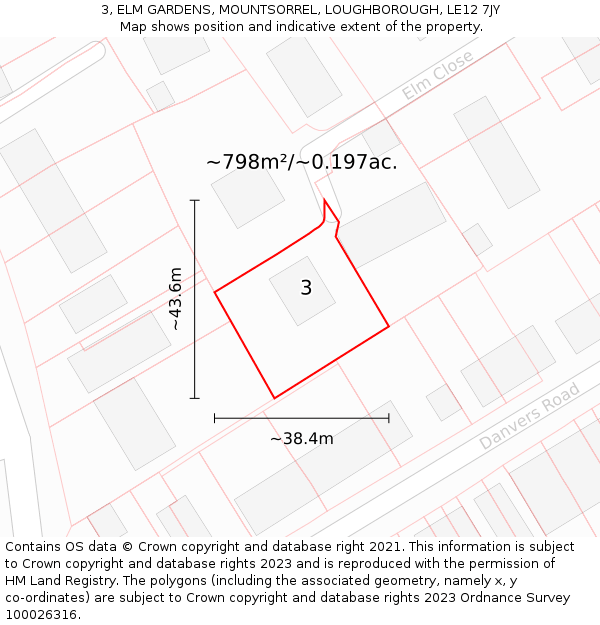 3, ELM GARDENS, MOUNTSORREL, LOUGHBOROUGH, LE12 7JY: Plot and title map