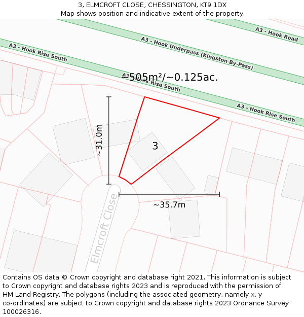 3, ELMCROFT CLOSE, CHESSINGTON, KT9 1DX: Plot and title map