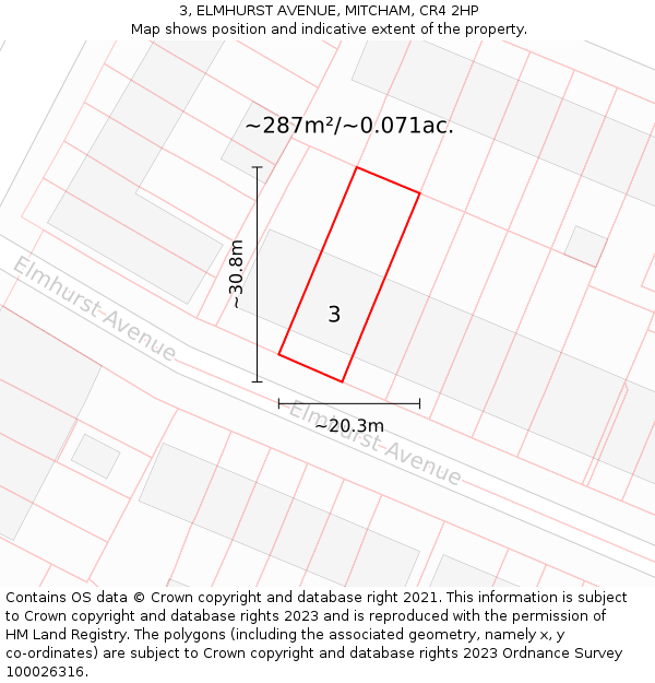 3, ELMHURST AVENUE, MITCHAM, CR4 2HP: Plot and title map