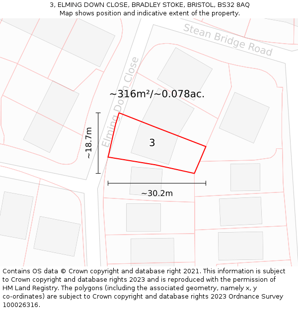 3, ELMING DOWN CLOSE, BRADLEY STOKE, BRISTOL, BS32 8AQ: Plot and title map