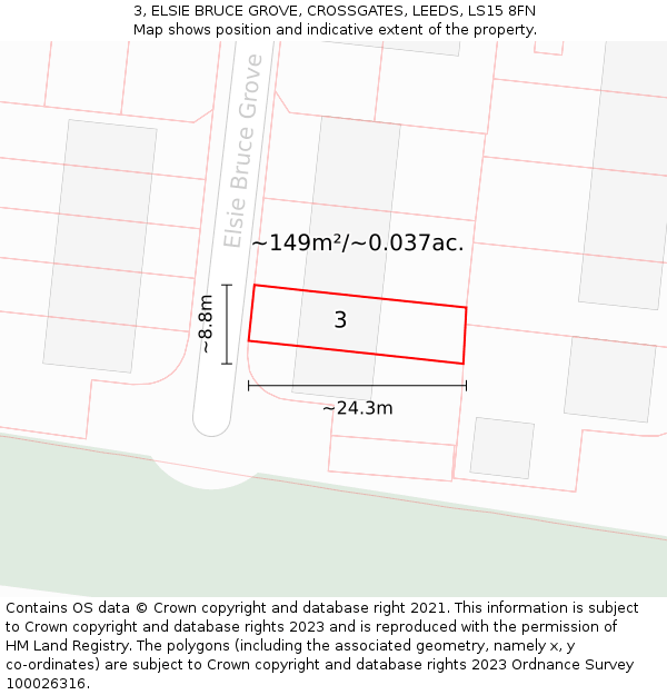 3, ELSIE BRUCE GROVE, CROSSGATES, LEEDS, LS15 8FN: Plot and title map