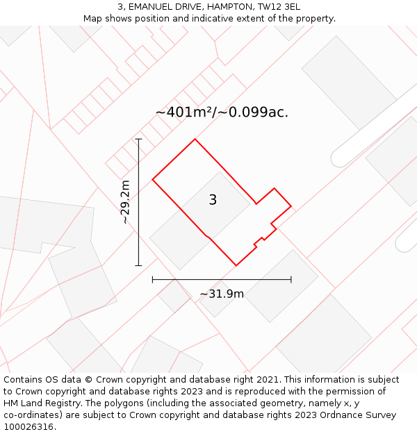 3, EMANUEL DRIVE, HAMPTON, TW12 3EL: Plot and title map