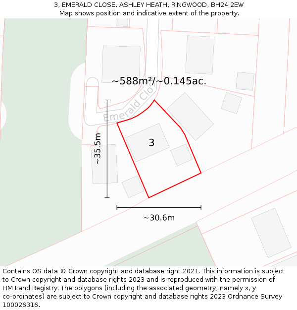 3, EMERALD CLOSE, ASHLEY HEATH, RINGWOOD, BH24 2EW: Plot and title map