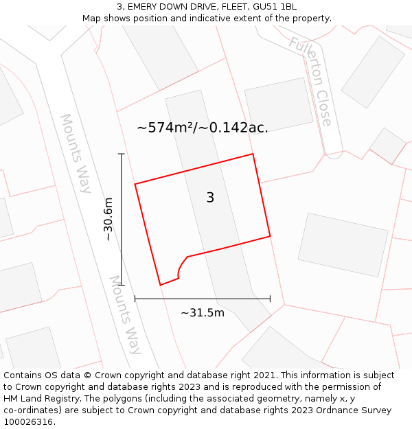 3, EMERY DOWN DRIVE, FLEET, GU51 1BL: Plot and title map