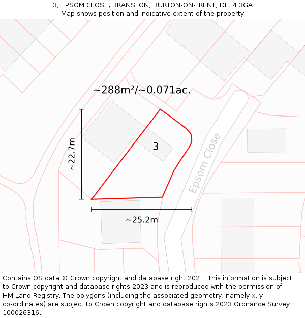 3, EPSOM CLOSE, BRANSTON, BURTON-ON-TRENT, DE14 3GA: Plot and title map
