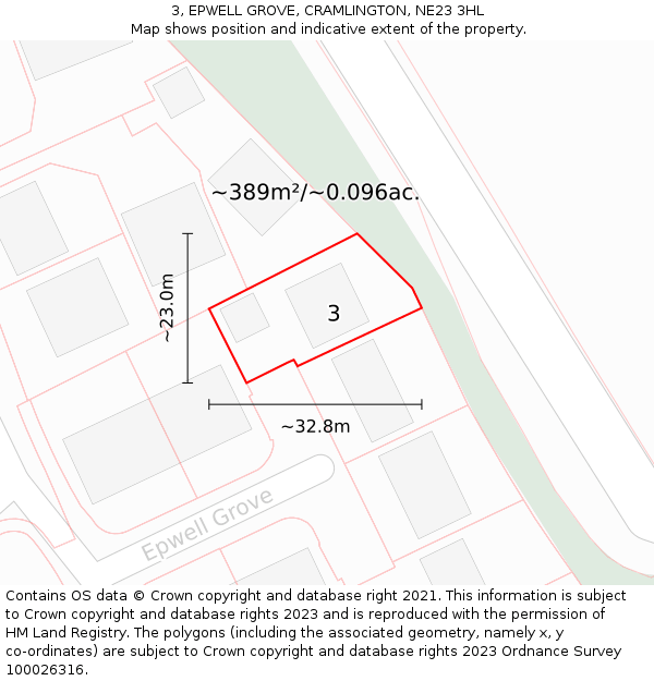 3, EPWELL GROVE, CRAMLINGTON, NE23 3HL: Plot and title map