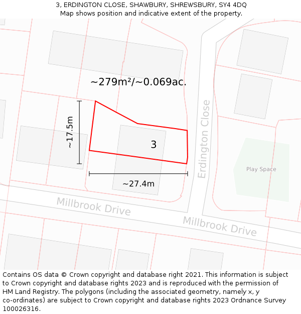 3, ERDINGTON CLOSE, SHAWBURY, SHREWSBURY, SY4 4DQ: Plot and title map