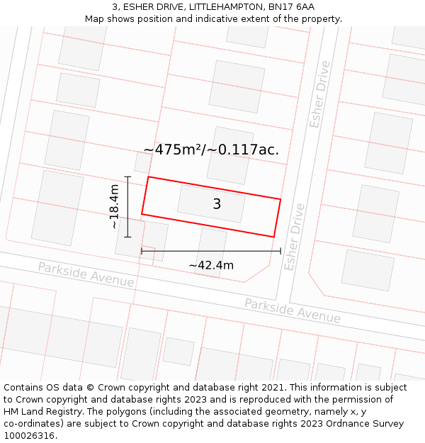 3, ESHER DRIVE, LITTLEHAMPTON, BN17 6AA: Plot and title map