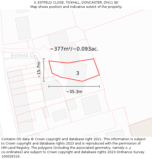 3, ESTFELD CLOSE, TICKHILL, DONCASTER, DN11 9JY: Plot and title map
