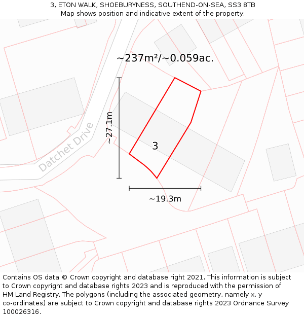 3, ETON WALK, SHOEBURYNESS, SOUTHEND-ON-SEA, SS3 8TB: Plot and title map