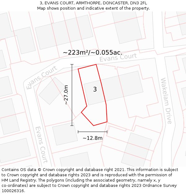 3, EVANS COURT, ARMTHORPE, DONCASTER, DN3 2FL: Plot and title map