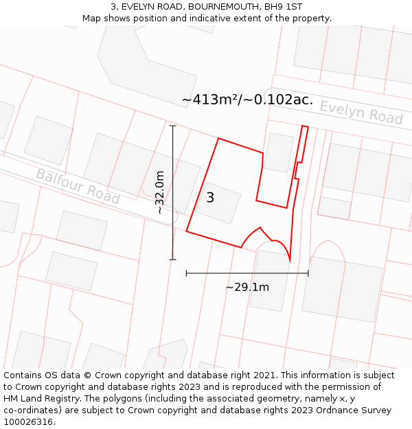 3, EVELYN ROAD, BOURNEMOUTH, BH9 1ST: Plot and title map