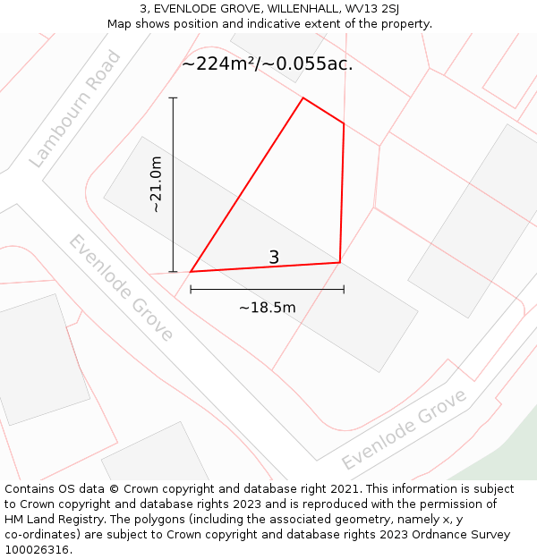 3, EVENLODE GROVE, WILLENHALL, WV13 2SJ: Plot and title map