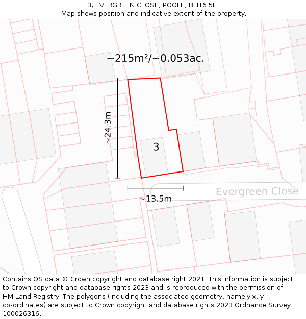 3, EVERGREEN CLOSE, POOLE, BH16 5FL: Plot and title map