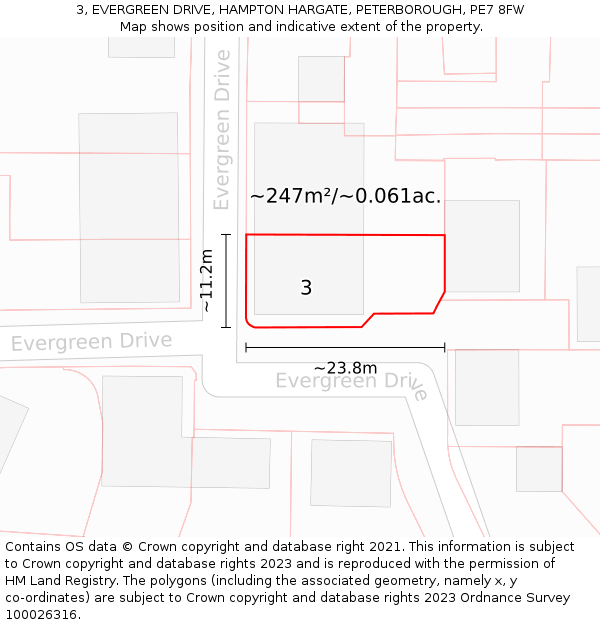 3, EVERGREEN DRIVE, HAMPTON HARGATE, PETERBOROUGH, PE7 8FW: Plot and title map