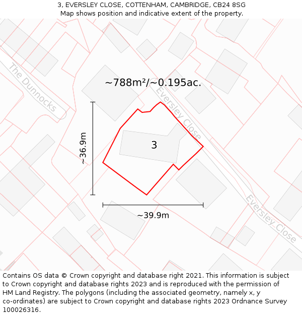 3, EVERSLEY CLOSE, COTTENHAM, CAMBRIDGE, CB24 8SG: Plot and title map