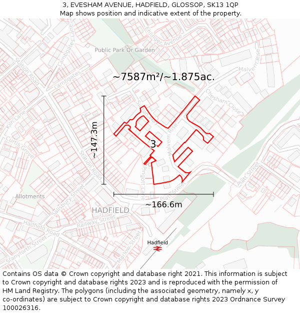 3, EVESHAM AVENUE, HADFIELD, GLOSSOP, SK13 1QP: Plot and title map