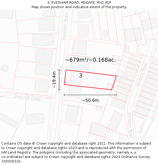 3, EVESHAM ROAD, REIGATE, RH2 9DF: Plot and title map