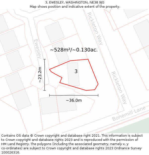 3, EWESLEY, WASHINGTON, NE38 9JG: Plot and title map