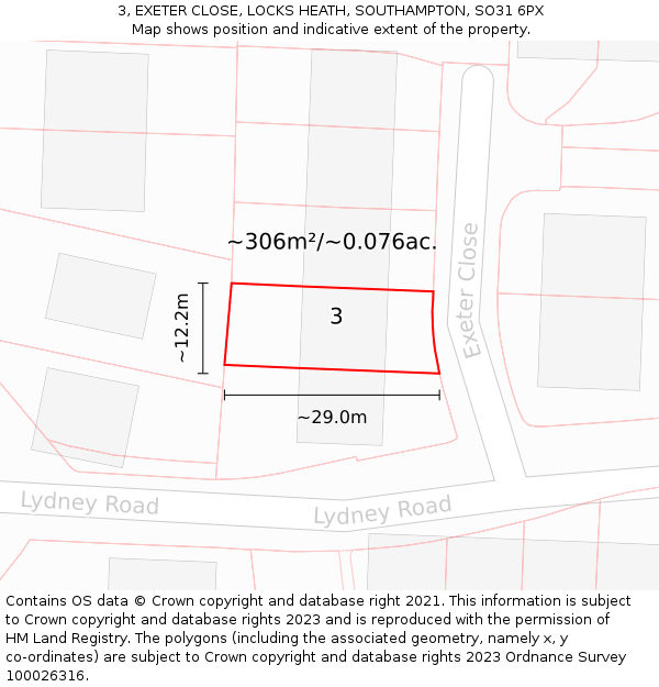 3, EXETER CLOSE, LOCKS HEATH, SOUTHAMPTON, SO31 6PX: Plot and title map