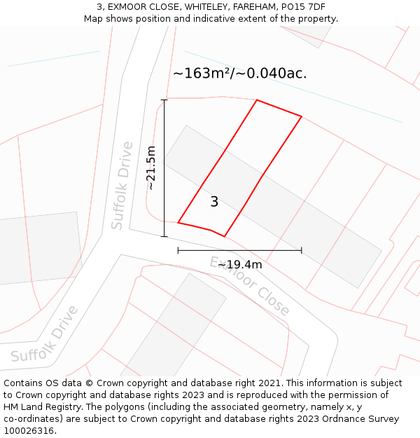 3, EXMOOR CLOSE, WHITELEY, FAREHAM, PO15 7DF: Plot and title map