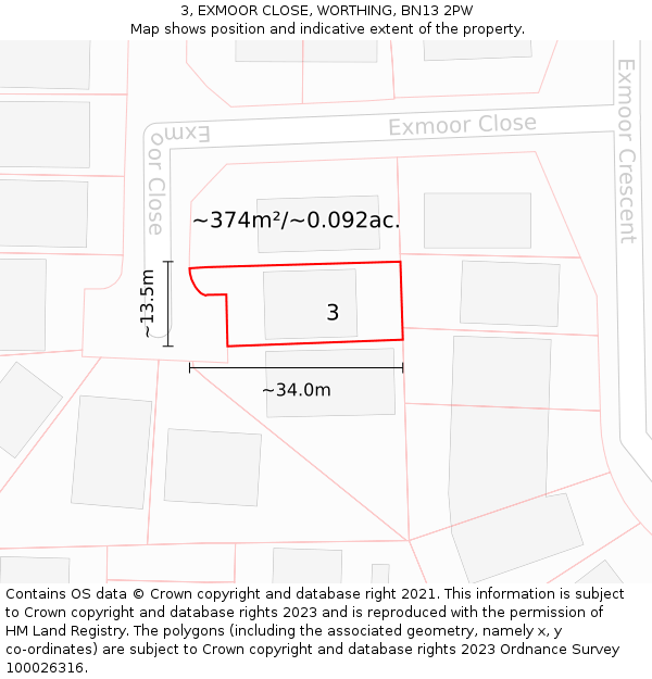 3, EXMOOR CLOSE, WORTHING, BN13 2PW: Plot and title map