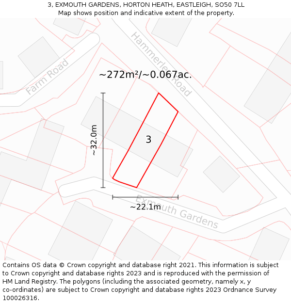 3, EXMOUTH GARDENS, HORTON HEATH, EASTLEIGH, SO50 7LL: Plot and title map