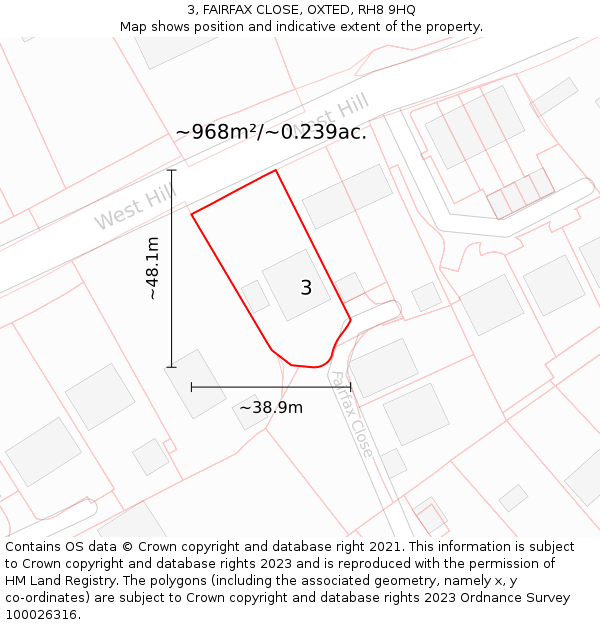 3, FAIRFAX CLOSE, OXTED, RH8 9HQ: Plot and title map