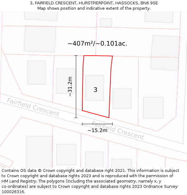 3, FAIRFIELD CRESCENT, HURSTPIERPOINT, HASSOCKS, BN6 9SE: Plot and title map