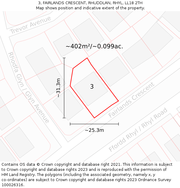 3, FAIRLANDS CRESCENT, RHUDDLAN, RHYL, LL18 2TH: Plot and title map